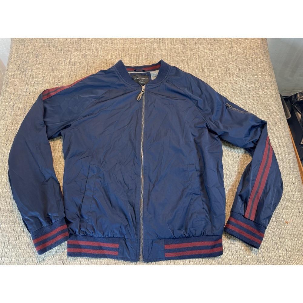 No Boundaries Men's Bomber Jacket Sz M (38-40) Blue Red Stripe Soccer‎ Y2K